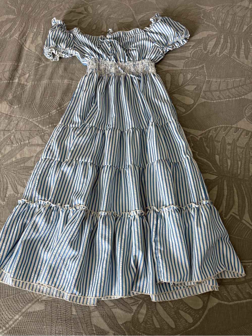 Girls Blue and White Striped Off-Shoulder Tiered Dress